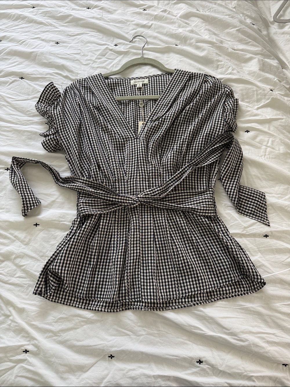 Max Studio Black and White Gingham Wrap Top with Self Tie